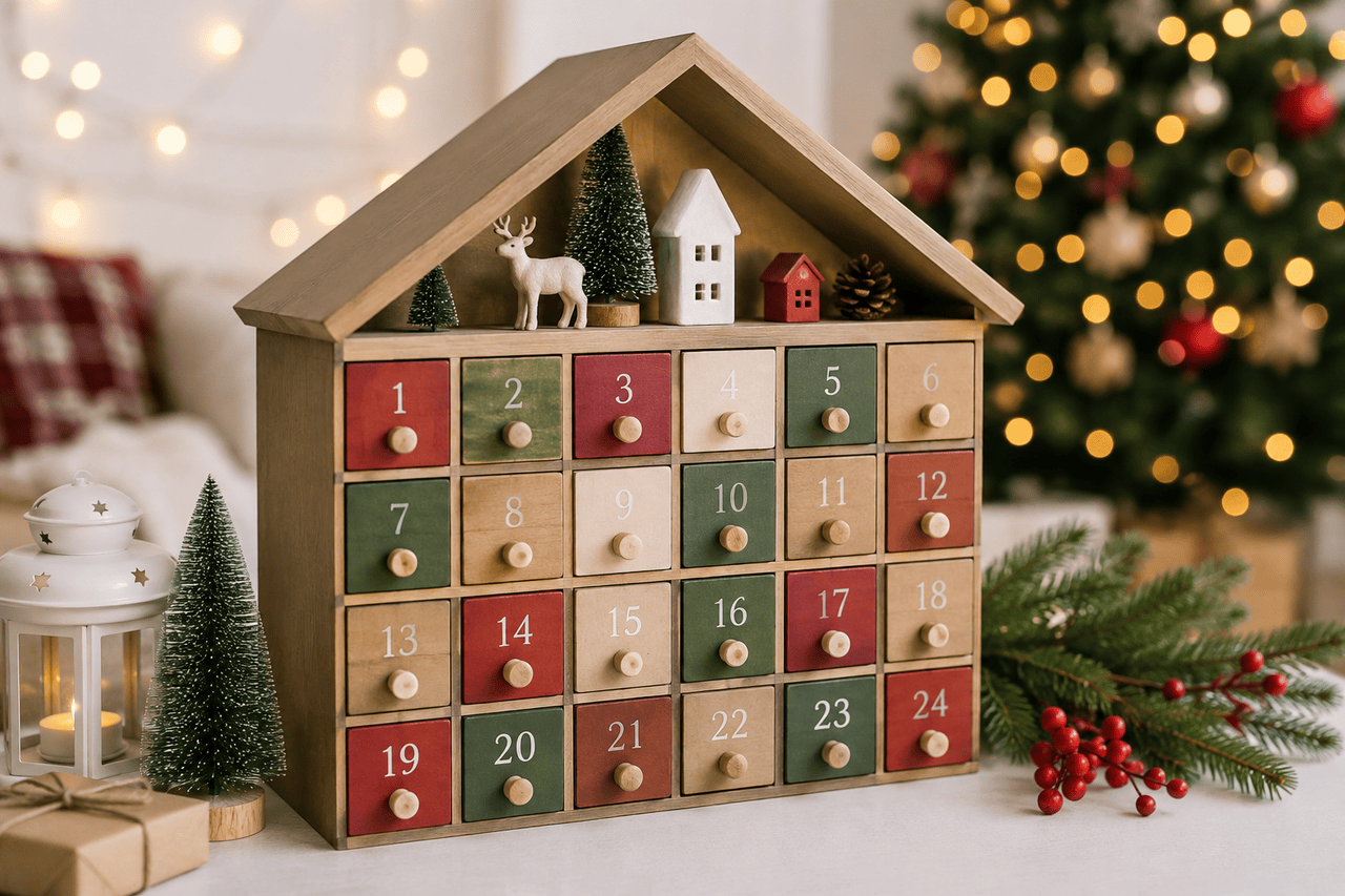 Colorful wooden advent calendar for kids with 24 numbered doors and festive Christmas decorations