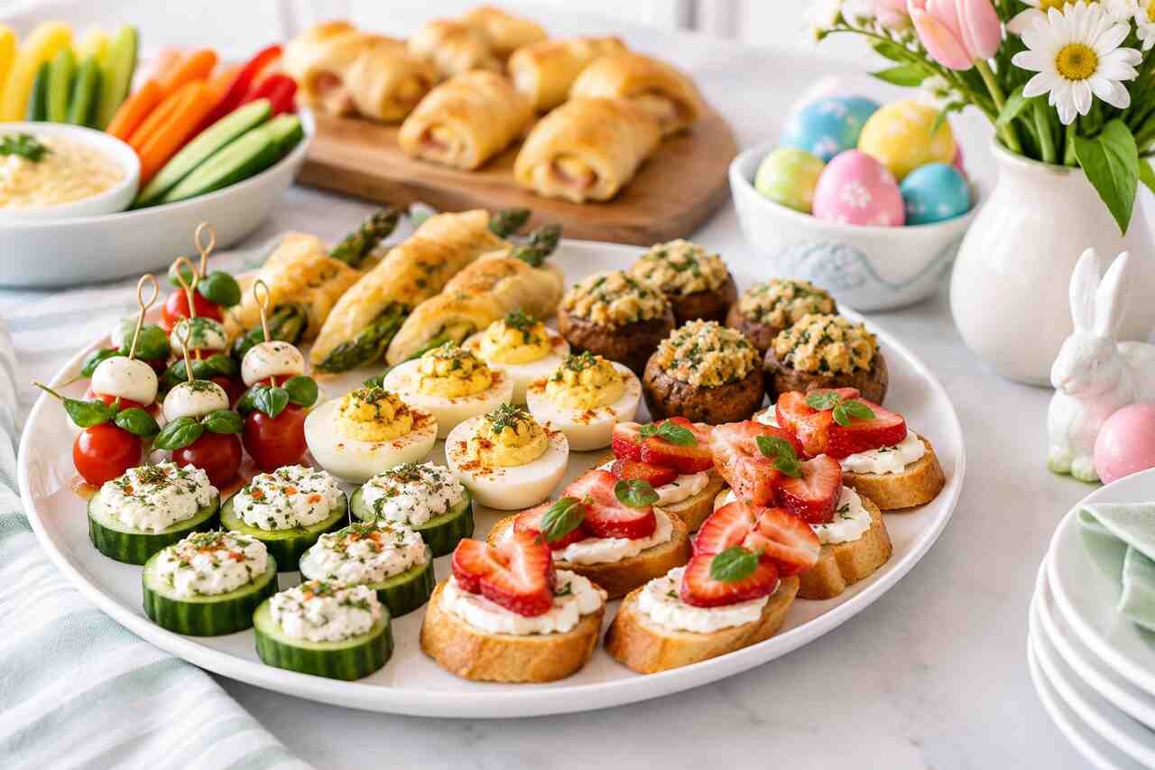 A simple and colorful Easter appetizer spread featuring fresh spring-inspired bites arranged on a bright festive table.