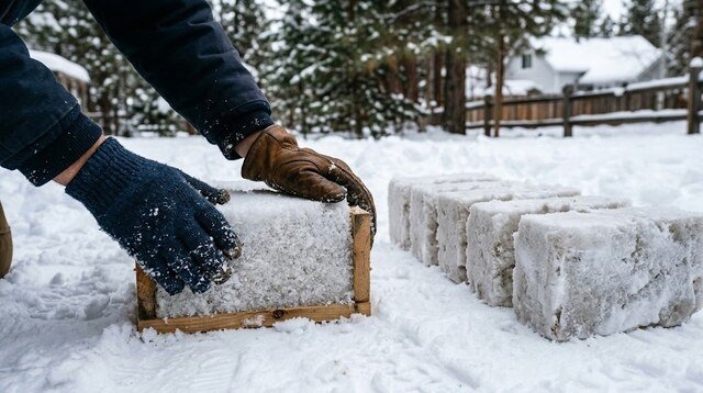 Preparing compact snow blocks for an igloo