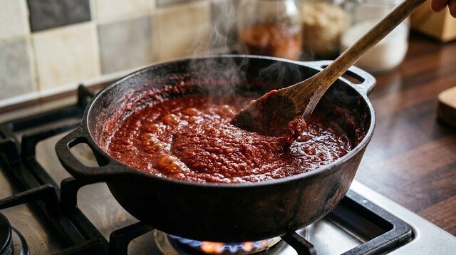 Spaghetti sauce simmering in a pan