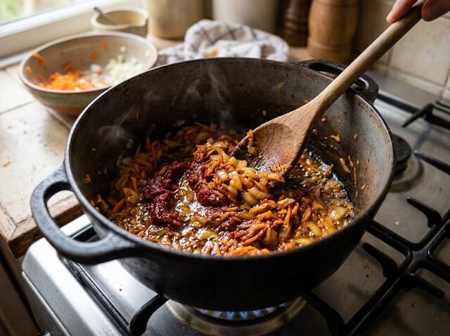 Tomato paste cooking for homemade spaghetti sauce