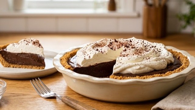 Slice of homemade chocolate pudding pie with whipped cream on a wooden counter for "How I Make Chocolate Pudding Pie" recipe article.