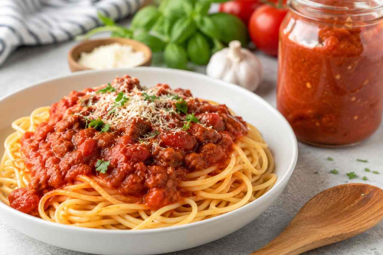 Easy homemade spaghetti sauce recipe served over spaghetti with Parmesan cheese