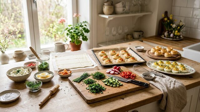 Easter appetizer prep in a home kitchen