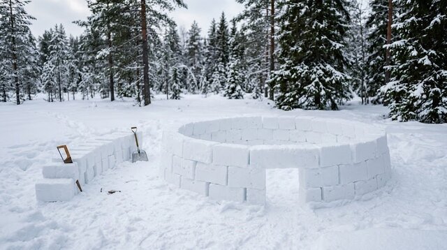 Building the first circular layer of a snow igloo
