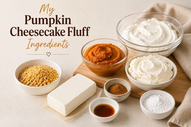 Pumpkin cheesecake fluff ingredients arranged for an easy dessert recipe