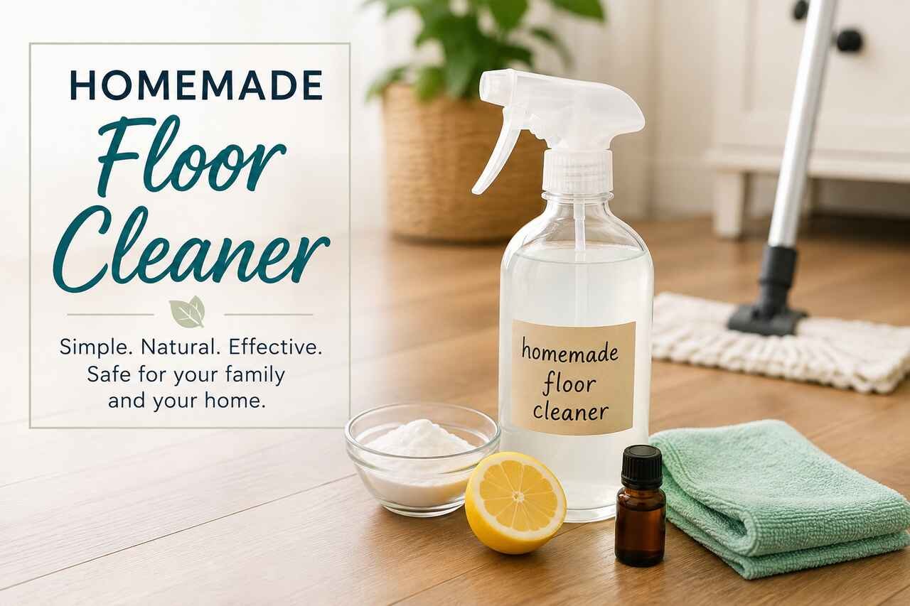 Homemade floor cleaner in a spray bottle with natural cleaning ingredients for a clean home