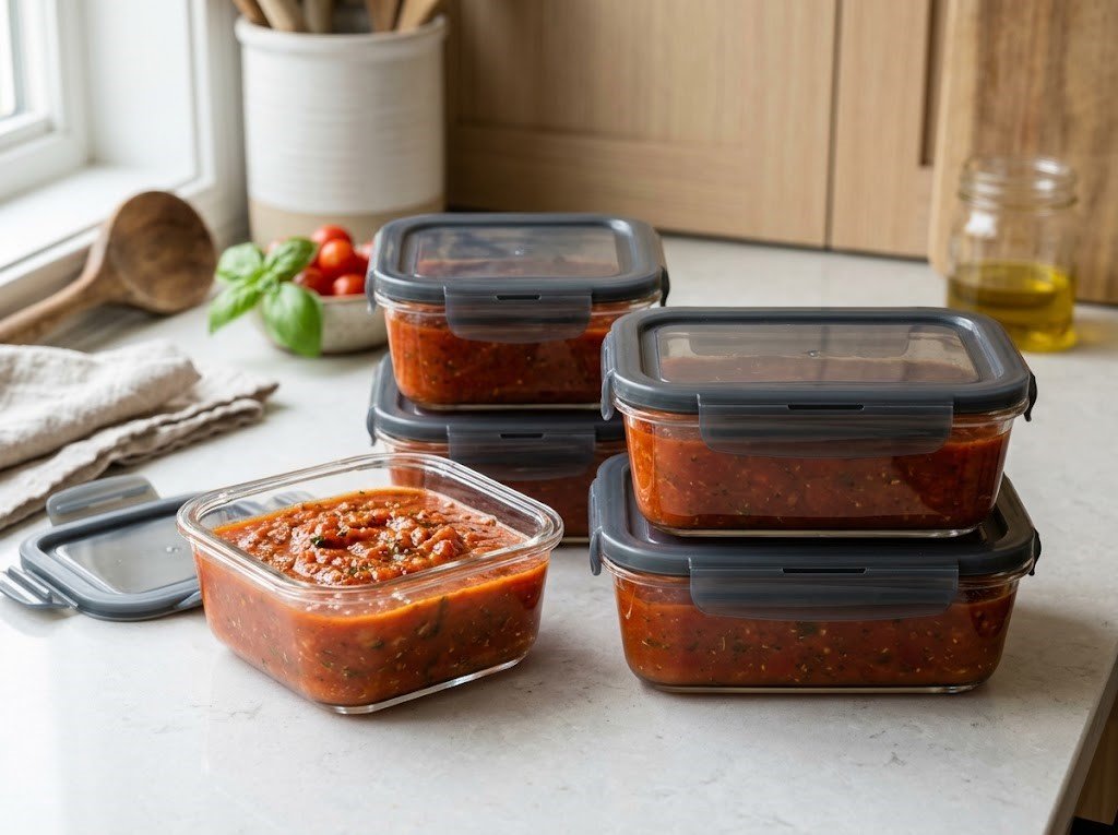 Homemade spaghetti sauce stored for freezing
