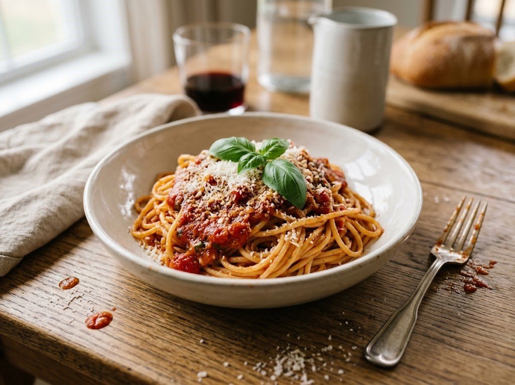 Homemade spaghetti sauce served over pasta