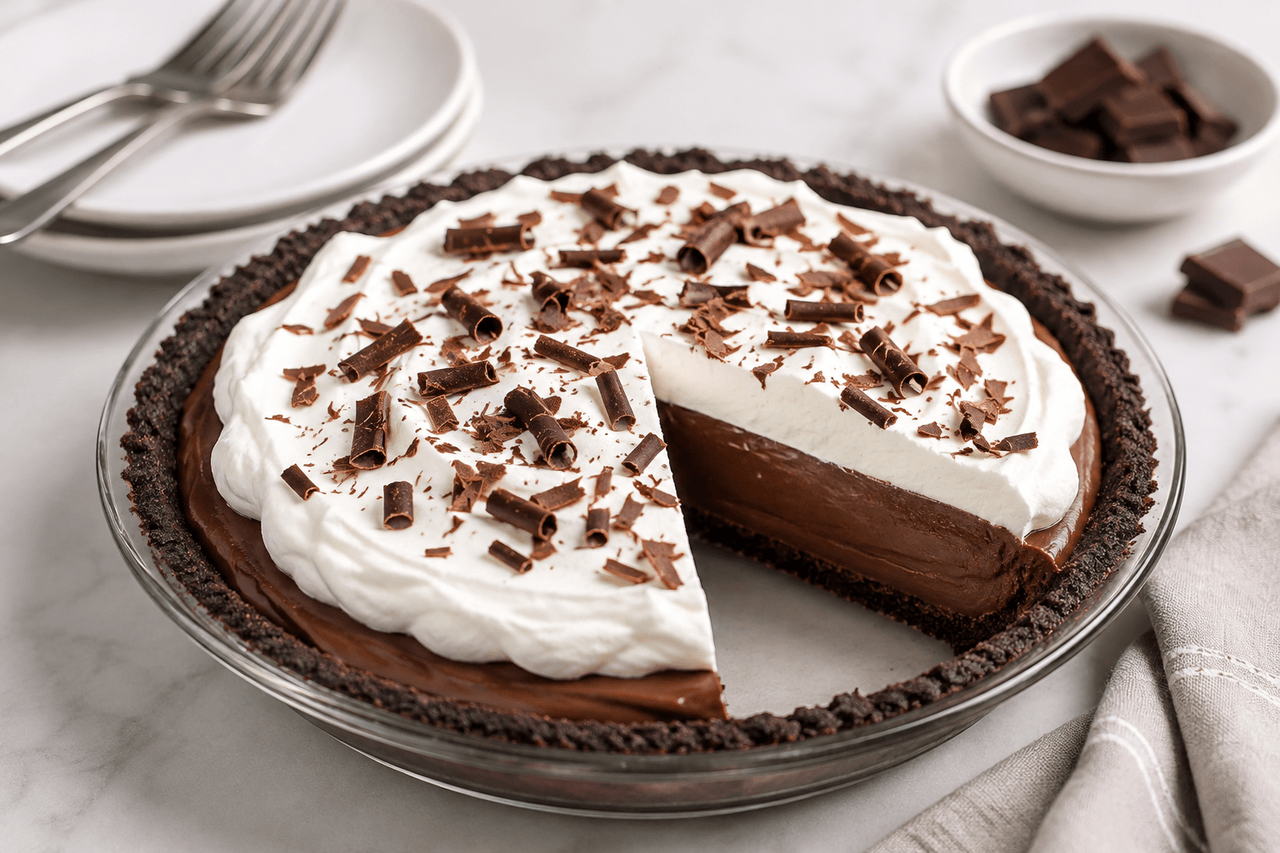 Creamy chocolate pudding pie with a chocolate cookie crust, whipped cream, and chocolate curls.