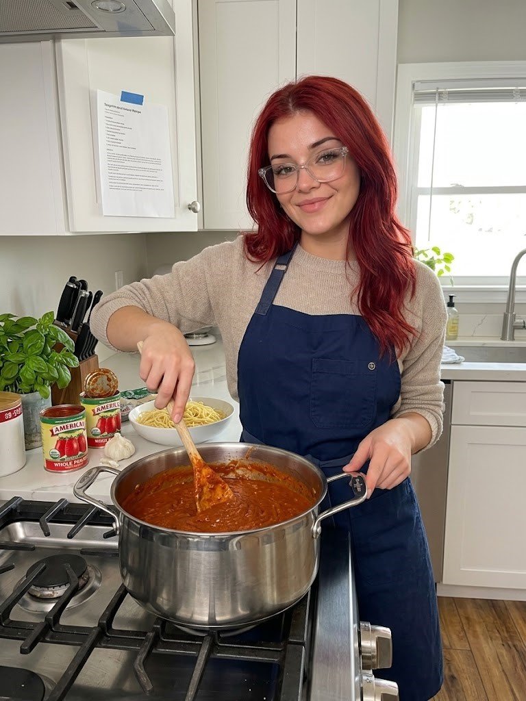 Homemade spaghetti sauce served with pasta in a bowl