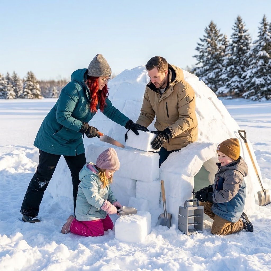 Family enjoying a fun day around a snow igloo