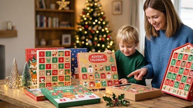 Mother and child comparing colorful kids' advent calendars on a cozy wooden table.
