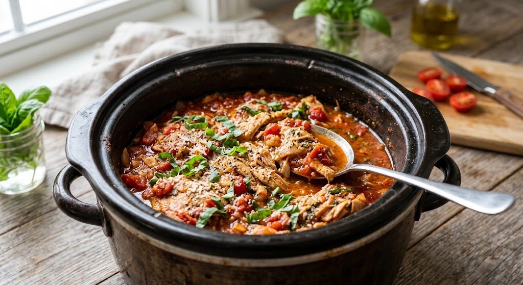 Slow cooker tomato basil chicken with tender chicken and creamy tomato sauce