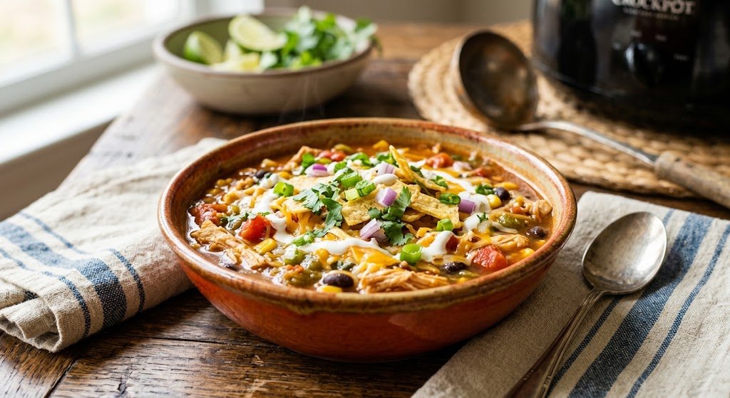 Crockpot chicken enchilada soup with tender chicken, beans, corn, and cheese