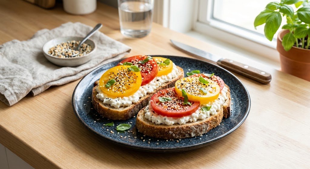 Cottage Cheese Toast With Tomatoes and Everything Seasoning