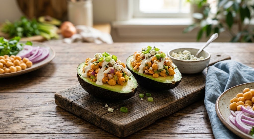 Buffalo Chickpea Stuffed Avocados

