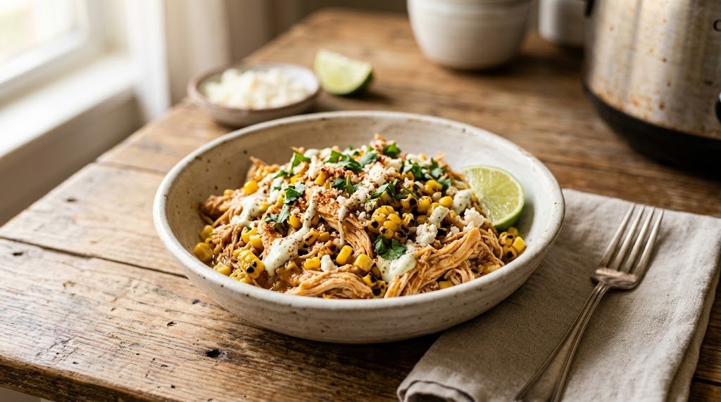 Crockpot Mexican street corn chicken with creamy sauce, corn, and cheese