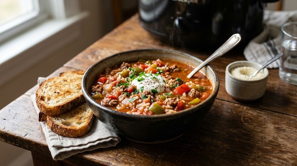 Crockpot stuffed pepper soup with ground beef, rice, tomatoes, and bell peppers