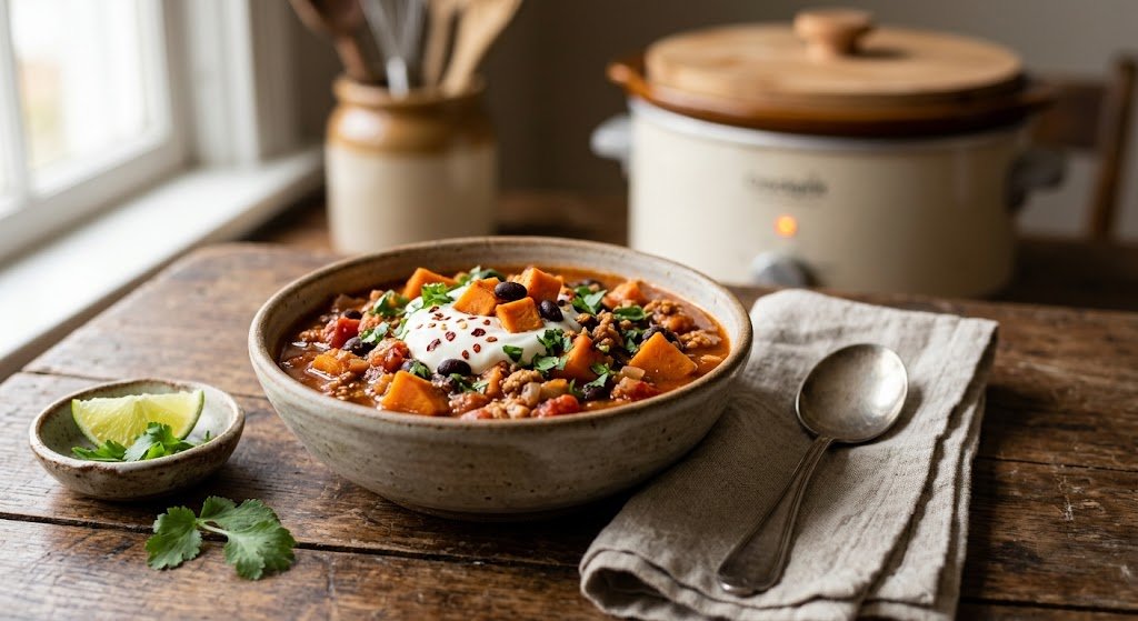 Crockpot sweet potato chili with beans, tomatoes, and warm spices