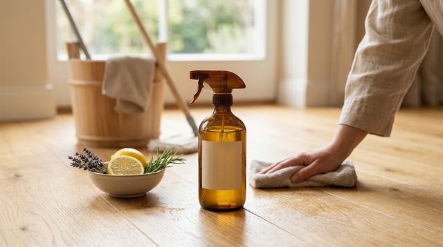 Homemade floor cleaner in a spray bottle with lemon, cloth, and mop for everyday messes