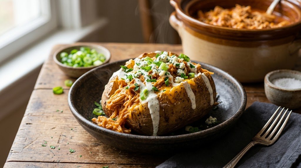 Slow cooker buffalo chicken baked potatoes with creamy sauce and cheese
