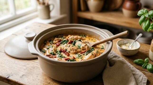 Crockpot creamy Tuscan chicken with spinach and sun-dried tomatoes