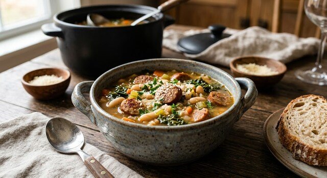 Slow cooker sausage and white bean soup with vegetables and herbs