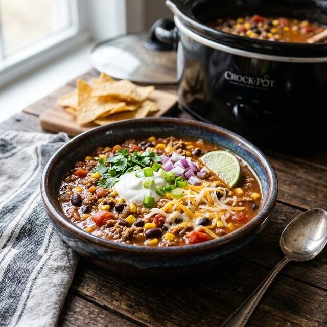 Slow cooker taco soup with beans, ground beef, corn, and tomatoes