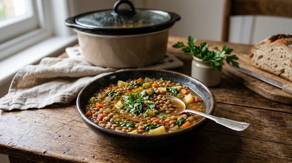 Crockpot lentil and vegetable soup with carrots, celery, tomatoes, and herbs