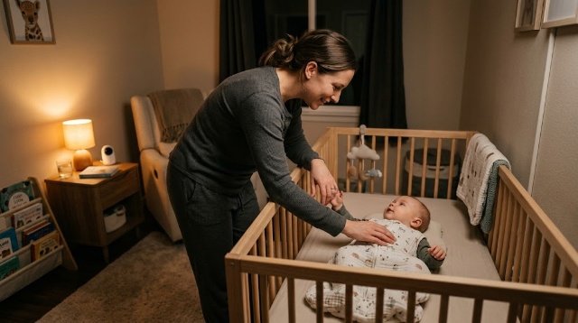 Mother gently soothing her baby during a nighttime wake-up