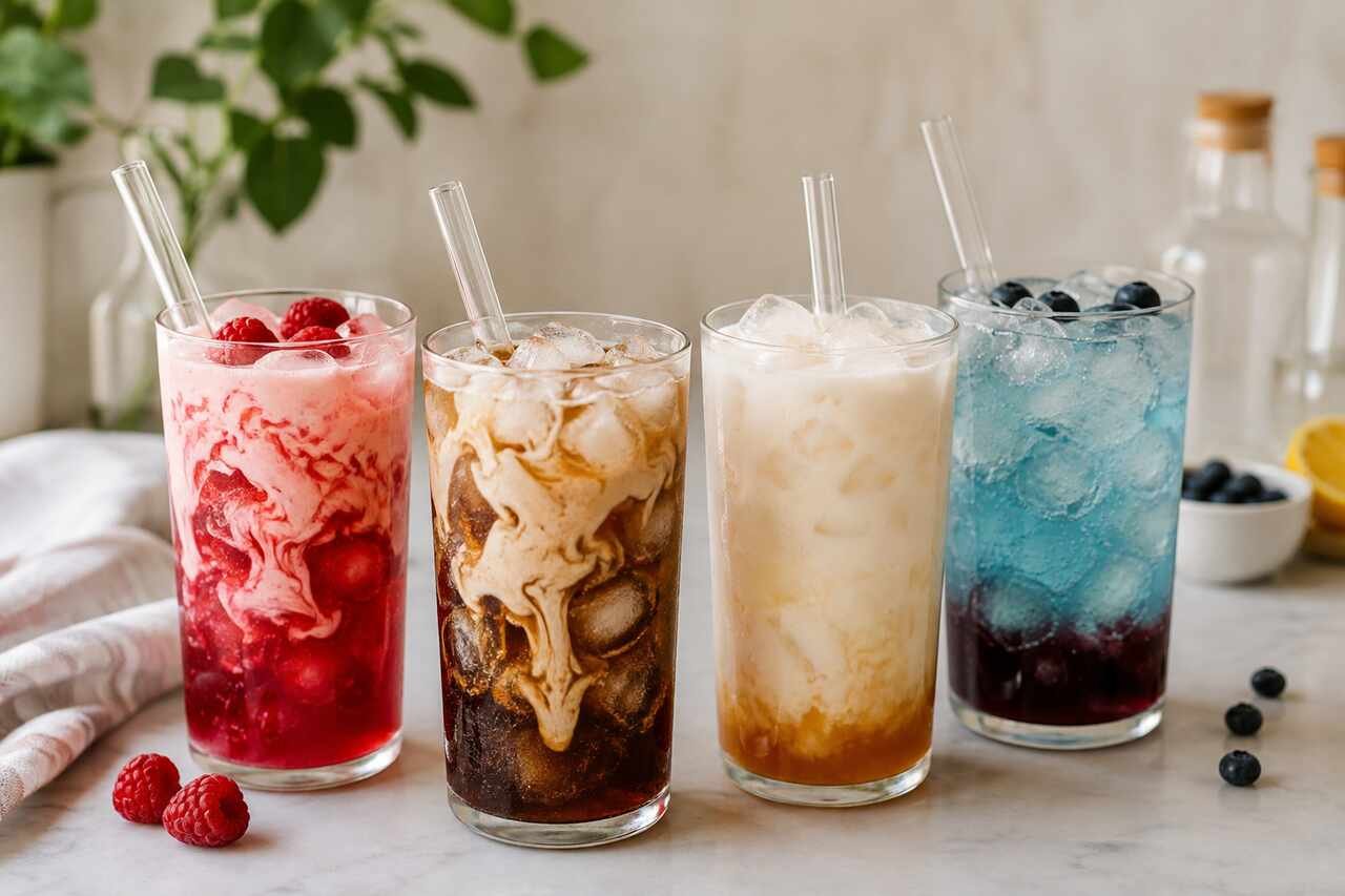 colorful homemade dirty soda recipes in glasses