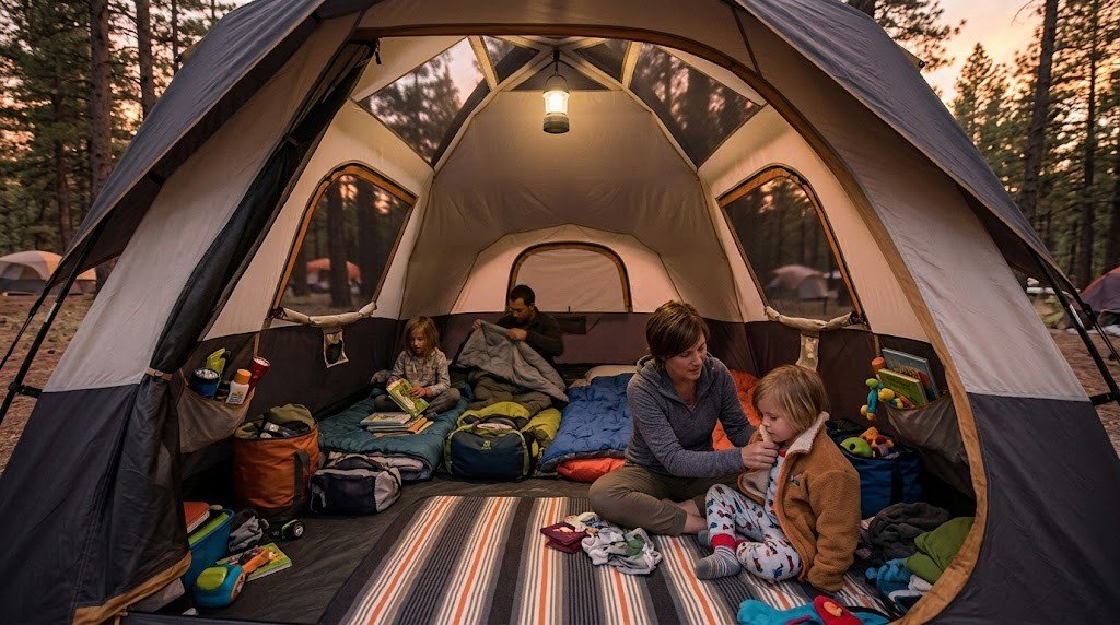 Family tent setup with spacious sleeping area