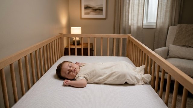 Baby sleeping safely on back in clear crib