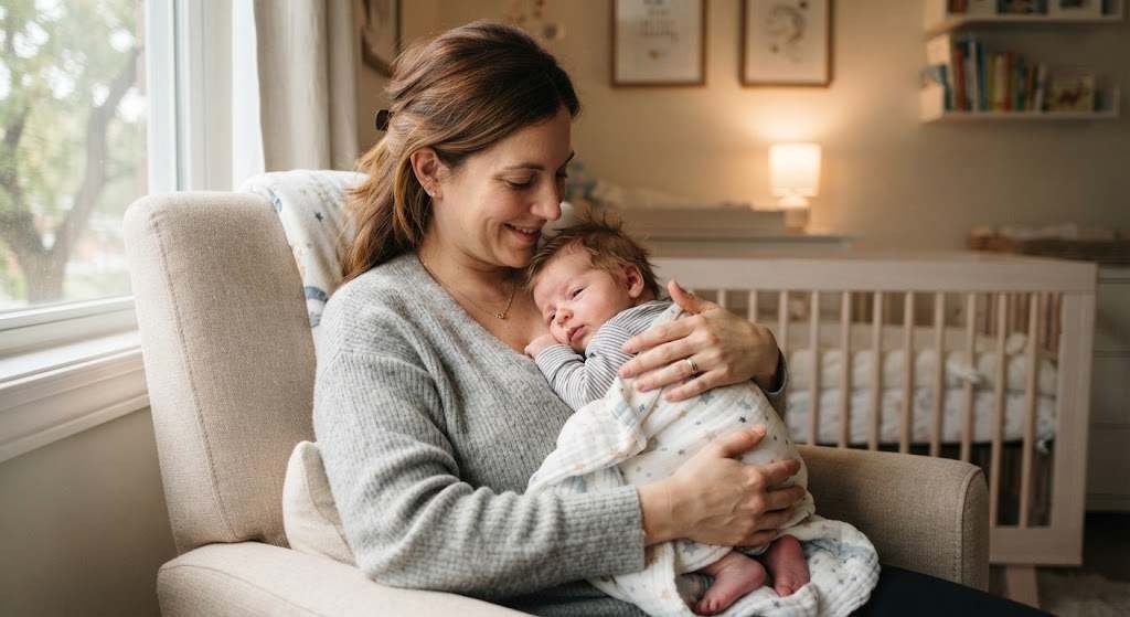 Mother soothing baby after waking at night