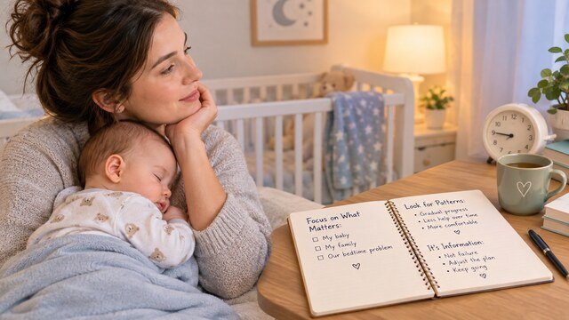 Mom reflecting on the Ferber method while holding her sleeping baby