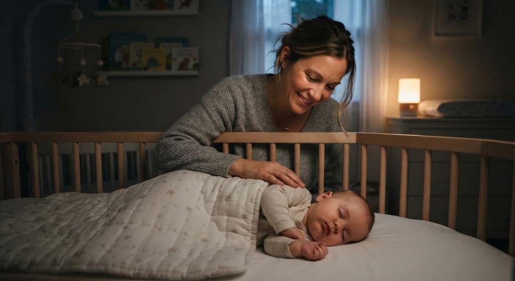 Mother doing a quiet nighttime check on baby