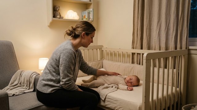 Mom following a calm bedtime routine with her baby