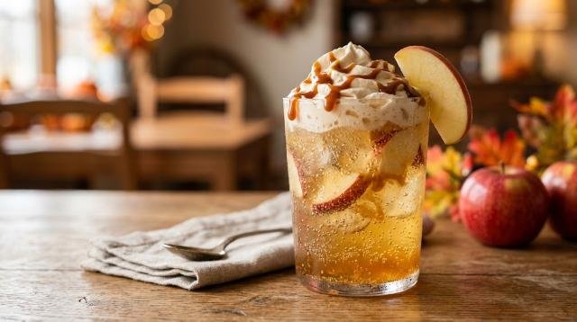 Fresh caramel apple soda topped with whipped cream and caramel drizzle in a glass