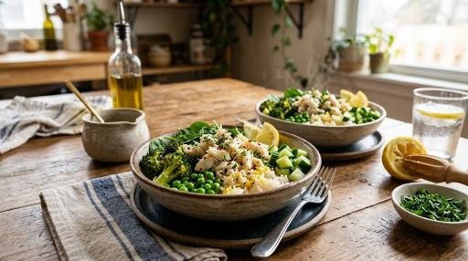 Lemon garlic crab rice bowl with fresh herbs