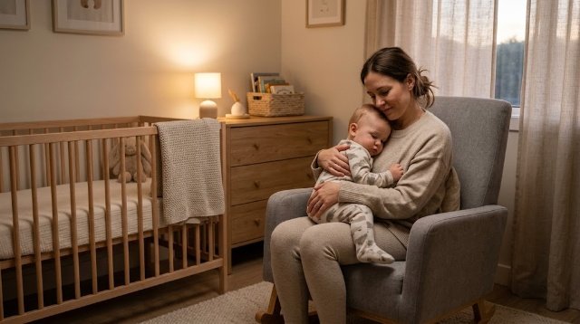 Mother preparing an overtired baby for bedtime