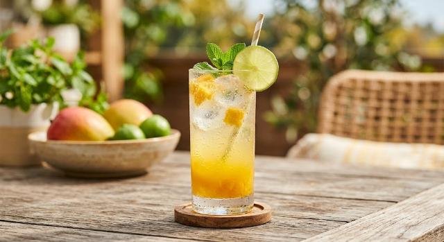 Refreshing Mango Lime Fizz drink with a lime wedge, ice cubes, and fresh mangoes