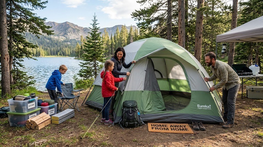Family tent camping setup with practical gear