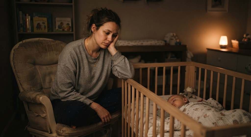Tired mom observing baby during nighttime