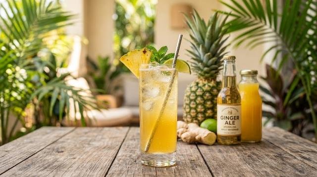 Fresh Pineapple Ginger Sparkler drink in a highball glass garnished with pineapple wedge and lime