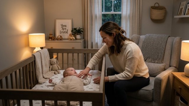 Mom comforting an awake baby during a normal nighttime wake-up