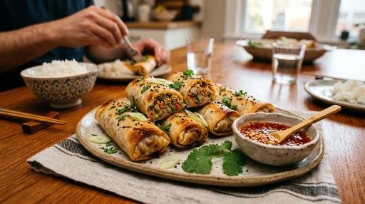 Crab and vegetable spring rolls with crispy wrapper