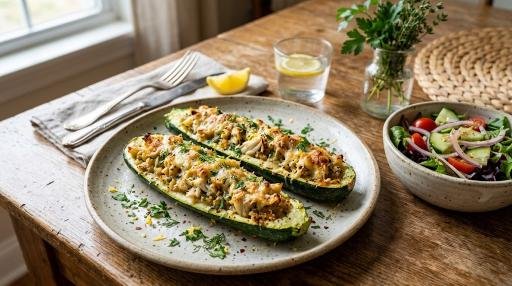 Crab-stuffed zucchini boats with melted cheese