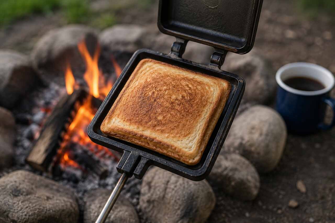 pudgy pie cooking over a campfire for a family camping meal