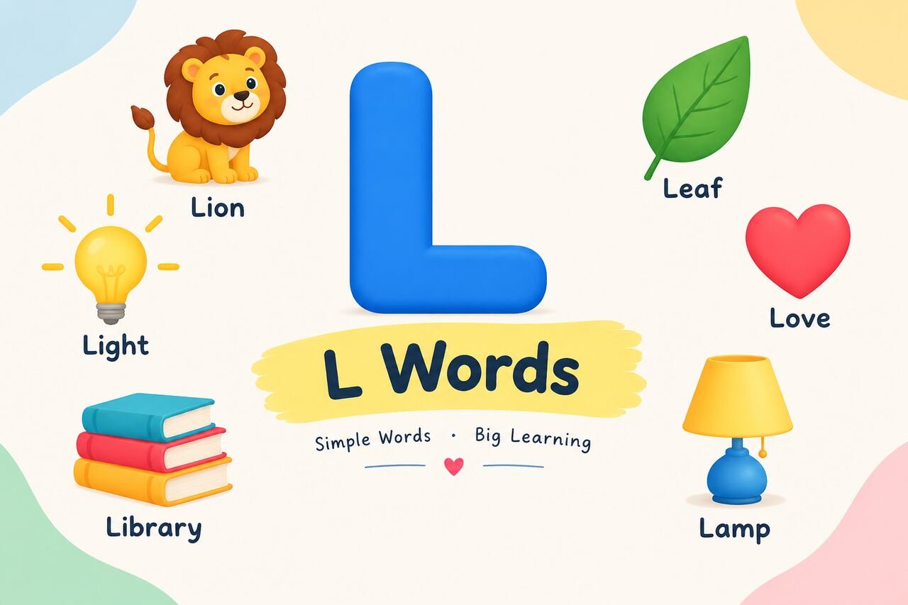 L words for kids with colorful letter L and vocabulary examples